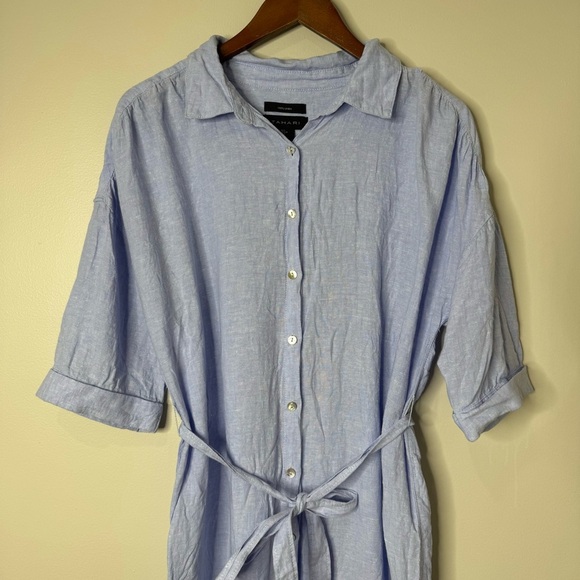 Tahari Blue 100% Linen Button Front Tie Belt Shirt Dress Coastal Cover-up Large - Picture 2 of 10